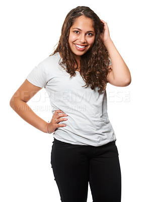 Buy stock photo Portrait, female student and smile in studio, fashion and happy on white background. Confident, stylish or trendy with curly hair, Mexican woman and education or learning at university or college 