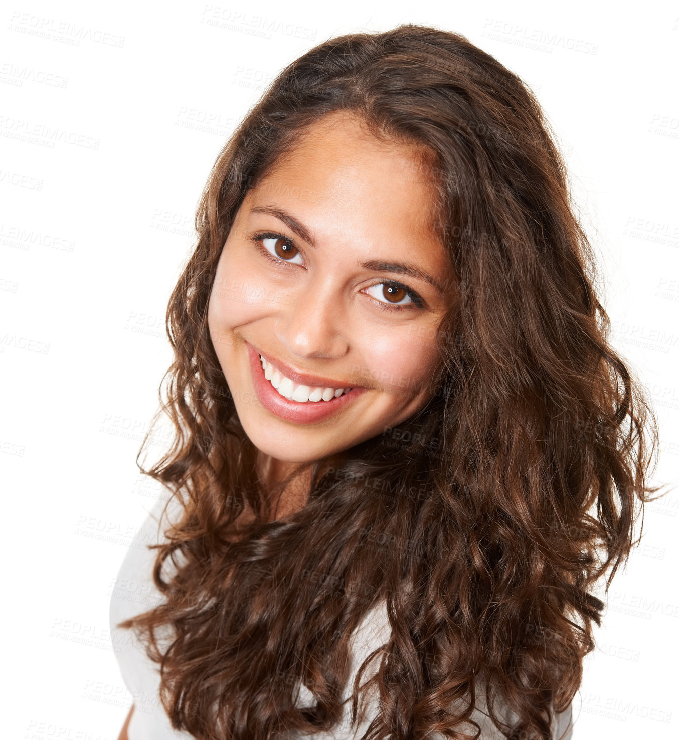 Buy stock photo Portrait, female student and smile for fashion, close up and happy on white background. Confident, stylish or trendy with curly hair, Mexican woman and education at college with high angle in studio