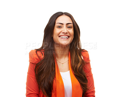 Buy stock photo Designer woman, portrait and happy in job in studio and confident professional by white background. Egypt lady, positive face and commitment in fashion career with trendy style and relax in mockup