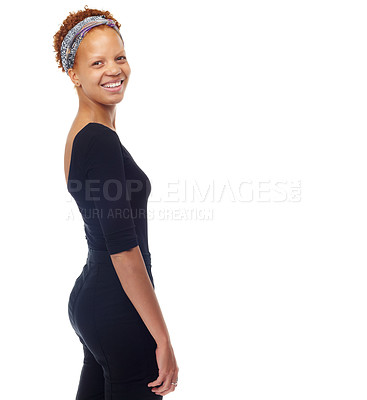 Buy stock photo Woman, smile and portrait with clothes in home for casual fashion and trendy style to relax on mockup. African person and pretty with headband and hair texture and stylish in modern garment   