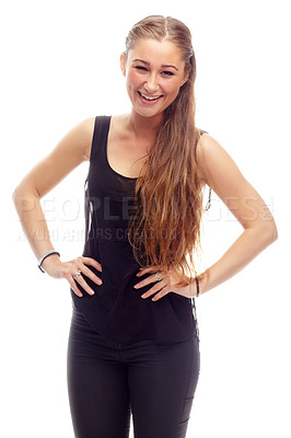 Buy stock photo Woman, portrait and laugh for fashion in studio, casual style and aesthetic on white background. Happy female person, confident and humor in gen z culture, university student and designer clothes