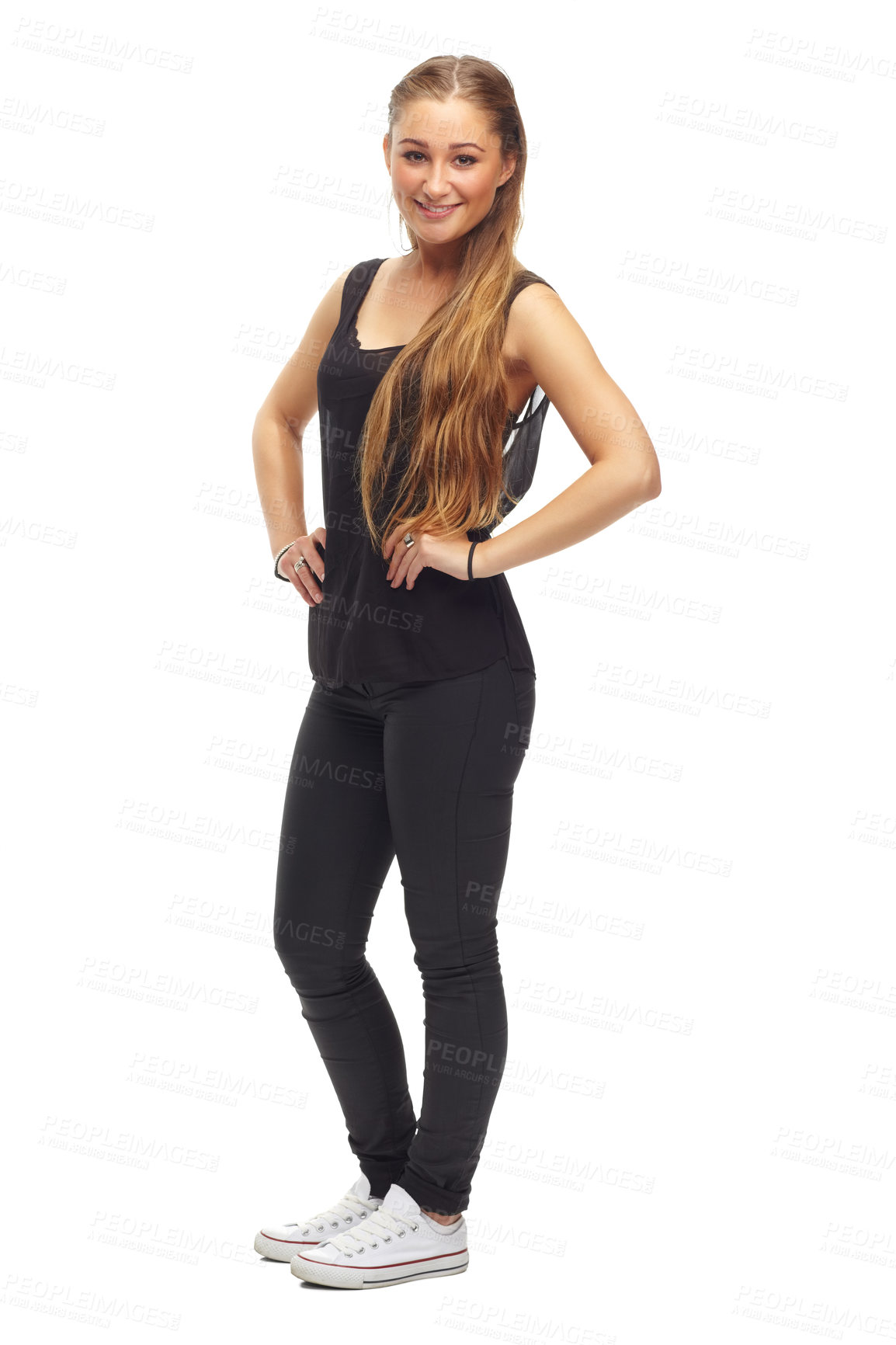 Buy stock photo Happy woman, portrait and confidence for style in studio, casual outfit and aesthetic on white background. Female person, cool and pride for gen z culture, university student and designer clothes