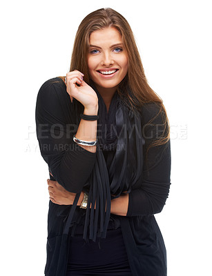 Buy stock photo Woman, portrait and fashion for stylish, casual and trendy clothing in studio with isolated white background. Smile, pride and face of female person from Canada for happiness, fancy and cool outfit.