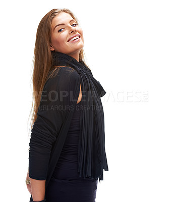 Buy stock photo Fashion, Portrait and woman with style, modern and casual clothing in studio with isolated background. Face, happy and smile of female model for confidence, trendy and elegant outfit by mockup space.