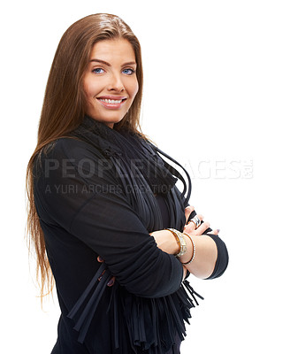 Buy stock photo Portrait, Woman and fashion in studio with arms crossed for confidence, happiness or pride. Smile, cool and female model from Canada in trendy clothing, modern style and scarf in white background.