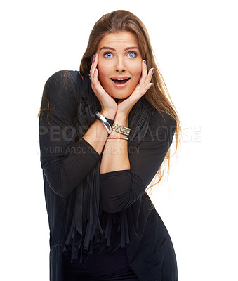 Buy stock photo Portrait, woman and surprise in studio for news, reaction and facial expression with announcement. Winner, wow for success and hands frame face, shock and OMG for achievement on white background