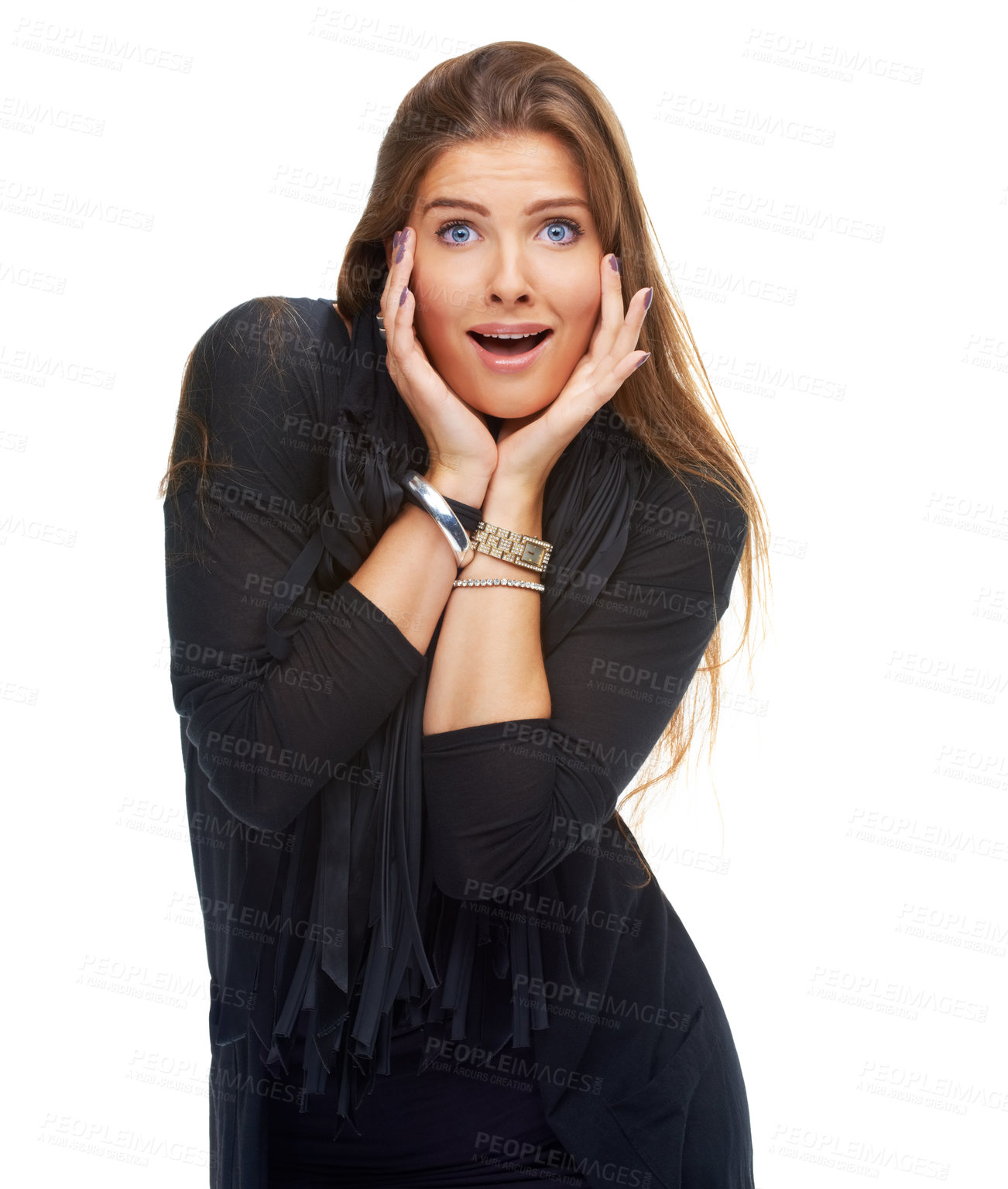 Buy stock photo Portrait, woman and surprise in studio for news, reaction and facial expression with announcement. Winner, wow for success and hands frame face, shock and OMG for achievement on white background