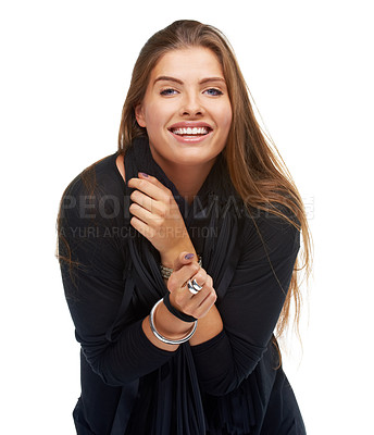 Buy stock photo Fashion, smile and woman in studio with pose for confidence, beauty and style with accessories on hands. Female person, happy and face in portrait for cosmetic, glow and long hair on white background