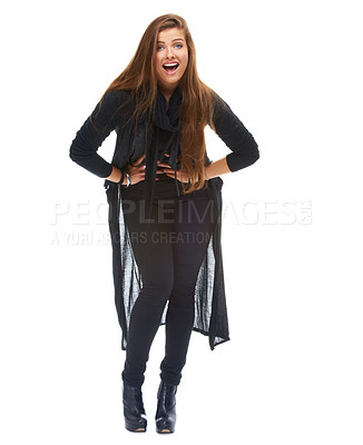 Buy stock photo Portrait, fashion and surprise of woman with hands on hips for giveaway, prize or sale on clothing in white background. Excited, wow and face of model in studio for deal, shocking news or promotion.