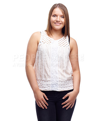 Buy stock photo Happy woman, portrait and confidence for clothes in studio, casual and aesthetic on white background. Female person, plus size and pride for gen z culture, university student and designer fashion