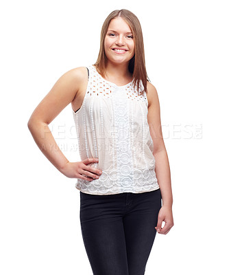 Buy stock photo Happy woman, portrait and confidence for clothing in studio, casual style and aesthetic on white background. Female person, mockup space and pride for gen z culture, student and designer fashion