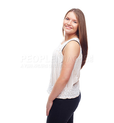Buy stock photo Happy woman, portrait and pride for outfit in studio, casual style and confident on white background. Female person, smile and mockup space for gen z culture, university student and designer clothes