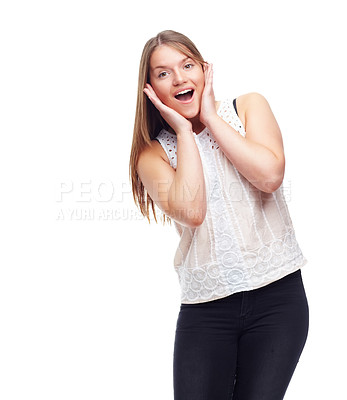 Buy stock photo Portrait, woman and happy surprise with announcement, reaction and facial expression for news in studio. Winner, wow for success and hands frame face, shock and achievement on white background