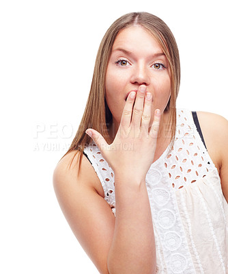 Buy stock photo Portrait, surprise or happy woman in studio for gossip, announcement or fashion discount. Giveaway, model or shocked female person with wow gesture, news or omg facial expression on white background