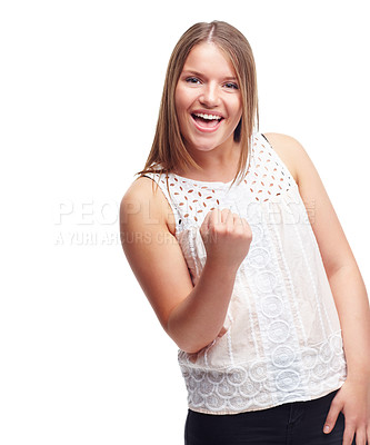 Buy stock photo Woman, winner and fist for portrait in studio with success, goal or happy by white background. Person, girl and smile with celebration, cheers or excited for achievement, giveaway or prize in contest