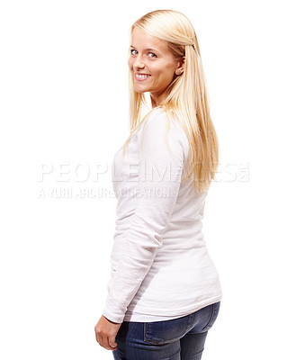 Buy stock photo Happy, woman and portrait with fashion in studio, white background or mock up space. Cool, style and girl with a smile for confidence and pride in creative outfit with trendy and casual clothes