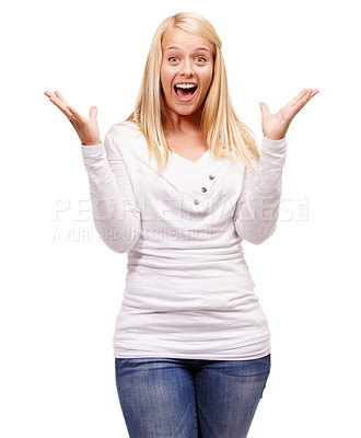 Buy stock photo Excited, wow and woman portrait with good news announcement and surprise in a studio. Isolated, female person and white background with happiness and smile from shock feeling surprised and stylish