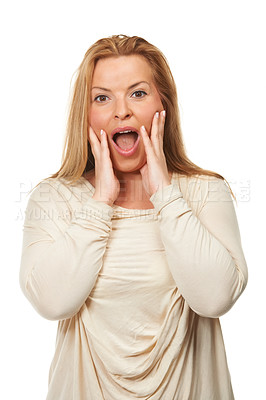 Buy stock photo Portrait, mature woman with surprise or shock in studio, reaction and expression for news or announcement. Winner with open mouth, OMG and hands on face for success or achievement on white background