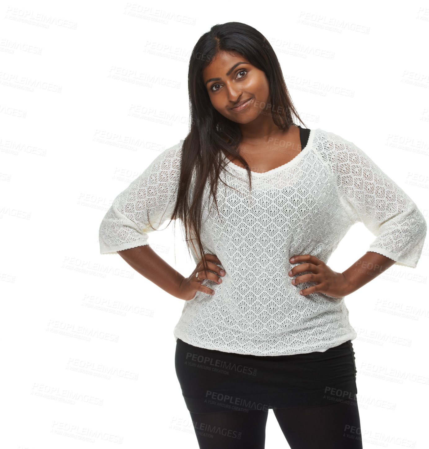 Buy stock photo Indian woman, fashion and portrait in studio with style, pride and trendy outfit by white background. Girl, person or model with edgy clothes, smile and happy for confidence, pride and casual shirt