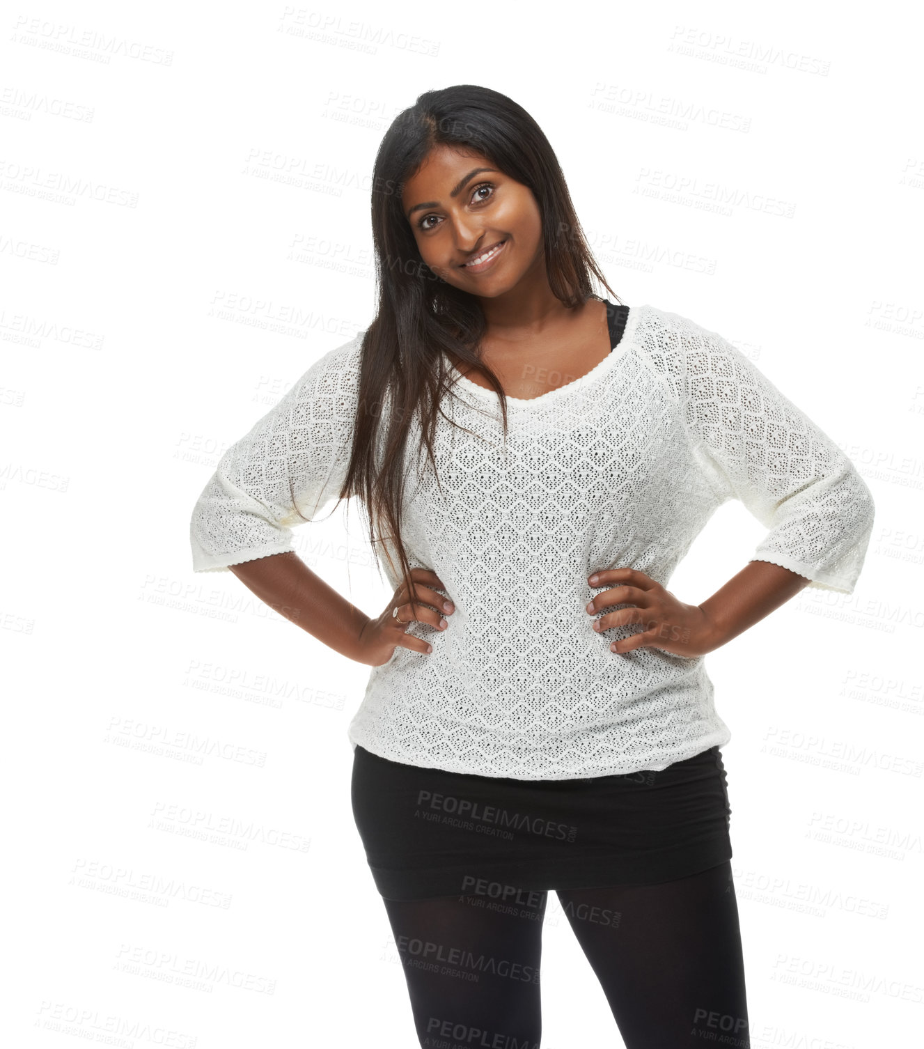 Buy stock photo Indian woman, fashion and portrait in studio with smile, pride and trendy outfit by white background. Girl, person or model with edgy clothes, style and happy for plus size, cool and casual shirt