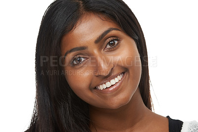 Buy stock photo Portrait, Indian woman and beauty in studio, smile and makeup on white background. Confidence, happy and cosmetology for female model, natural cosmetics and skin care with glow for lady from Mumbai
