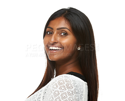 Buy stock photo Portrait, Indian woman and smile in studio, fashion and isolated on white background. Confidence, happy and contemporary style for female model, natural beauty and trendy outfit with mock up space