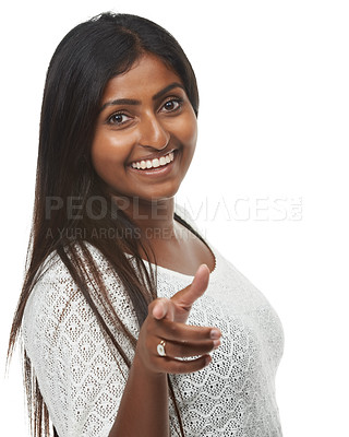 Buy stock photo Woman, studio and point at you with smile in portrait, recruitment or choice by white background. Indian person, hr manager and sign for decision for onboarding with fashion, hiring or call to action