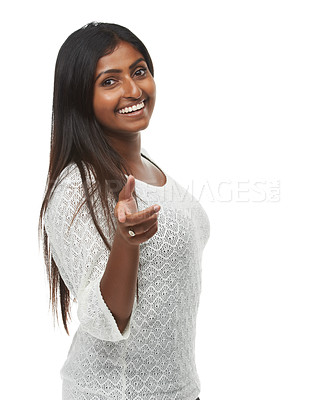 Buy stock photo Woman, happy and point at you in portrait for decision, recruitment or choice by white background. Indian person, hr manager and smile in studio for onboarding with fashion, hiring and call to action