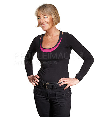 Buy stock photo Portrait, mockup and senior woman with confidence, smile and lady isolated against white studio background. Face, female person and mature model with fashion, casual outfit and stylish with happiness