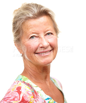 Buy stock photo Senior woman, smile and fashion in studio with color, confidence and tie dye pattern by white background. Mature person, model and happy in portrait with retro shirt, blouse and trendy with clothes