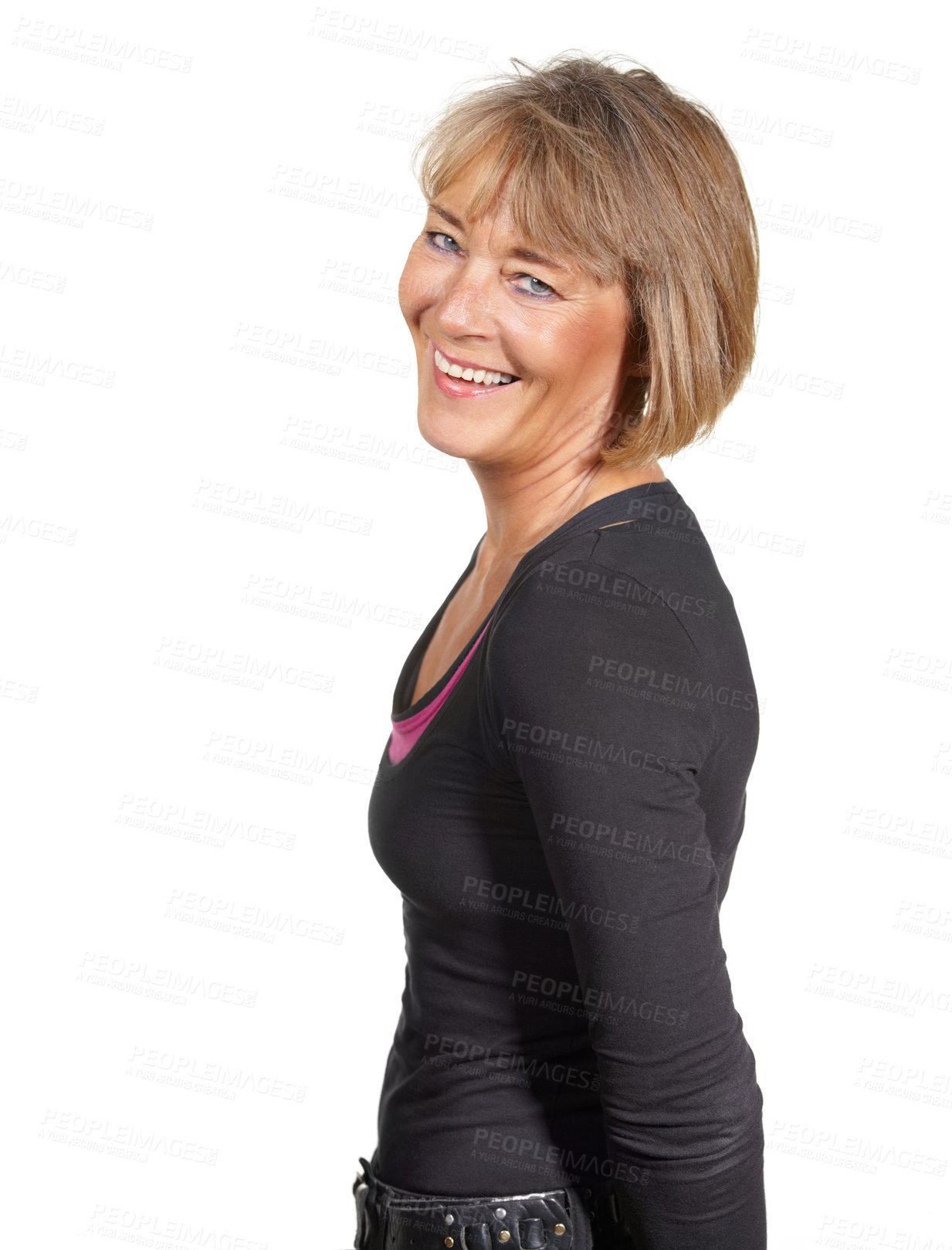 Buy stock photo Portrait, laughing or senior woman with fashion, smile and lady in studio isolated on white background. Mature, funny female person or happy model with confidence, casual outfit or stylish with pride