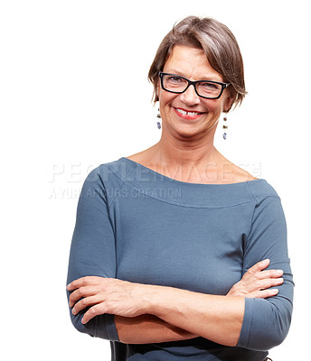 Buy stock photo Smile, arms crossed and portrait of mature woman in studio for confidence, pride or joy in job. Businesswoman, manager and face with happiness for startup, career or entrepreneur on white background