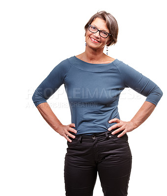 Buy stock photo Mature woman, fashion and studio with smile for confidence in clothes, style and trends on white background. Glasses, female person and satisfied with color in happiness, isolated with casual look