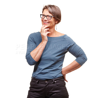 Buy stock photo Mature woman, portrait and idea in studio, smile and glasses for thinking on white background. Female person, happy and planning on mockup space, confident and owner pondering on small business