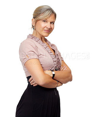 Buy stock photo Studio, portrait and manager with arms crossed for confidence, pride and joy in career. Corporate, boss and face of businesswoman with smile for  startup, job and entrepreneur on white background