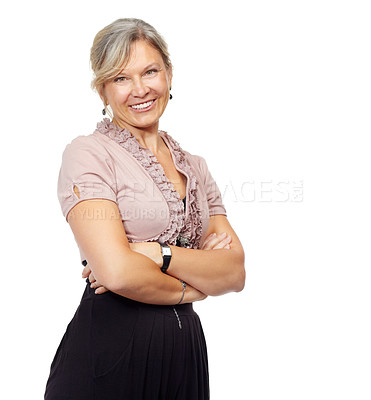 Buy stock photo Studio, portrait and accountant with arms crossed for confidence, pride or joy in career with smile. Professional, mature woman and happy face for corporate, job or startup on white background