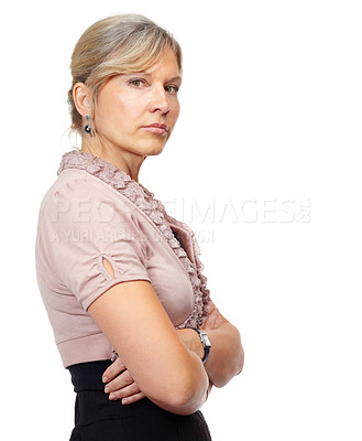 Buy stock photo Mature, woman and studio with portrait, fashion and serious or attitude or natural confidence. Model, face and fearless with style, proud and arms crossed or glow isolated on white background