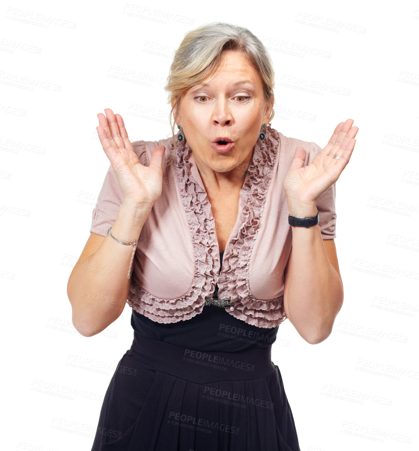 Buy stock photo Mature woman, surprise and news in studio, information and conflict on white background. Female person, shock and wtf or omg for gossip or secret, announcement and crazy drama or promotion and what