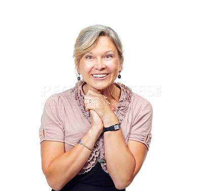 Buy stock photo Mature woman, portrait and smile for style in studio, casual outfit and aesthetic on white background. Happy female person, mockup space and pride for fashion, joyful and lady in designer clothes