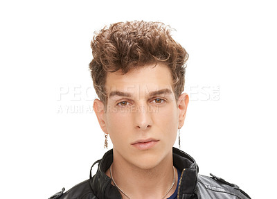 Buy stock photo Handsome man, portrait and fashion with hairstyle, ear rings or accessories on a white studio background. Closeup of attractive male person, punk or young dude with stylish hair or jewelry on mockup