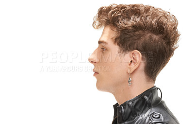 Buy stock photo Studio, profile and man with leather jacket for fashion, gen z and aesthetic in white background. Male person, cool and serious with trendy hairstyle, stylish and closeup of face, guy and model