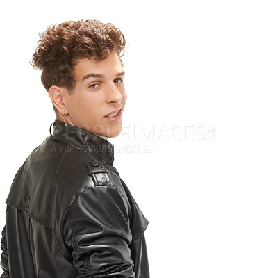 Buy stock photo Portrait, studio and smile of man with leather for jacket in white background, confident and stylish. Male person, face and happy with vintage aesthetic for fashion, guy and model with edgy clothes