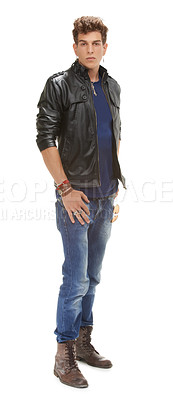 Buy stock photo Handsome man, portrait and fashion with leather jacket or cool clothing on a white studio background. Attractive male person, punk or young dude with denim jeans for casual outfit, jewelry or style