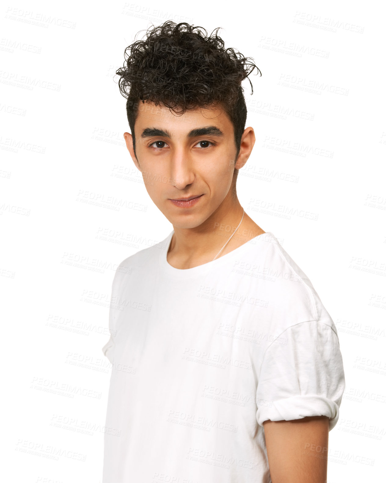 Buy stock photo Fashion, confident and portrait of man in studio with confidence, attractive and pride on white background. Youth, smirk and face of isolated handsome young male person with trendy casual clothes