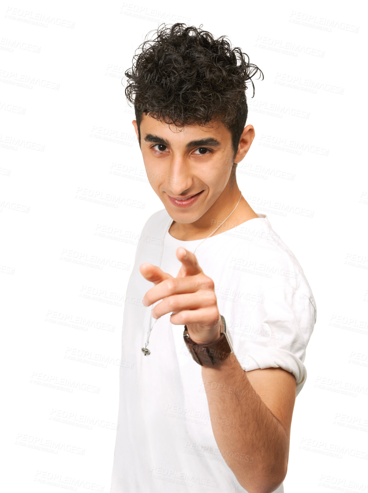 Buy stock photo Happy man, portrait and pointing to you in casual clothing for decision, choice or pick on a white studio background. Isolated male person or model with smile for choose, style or gesture on mockup