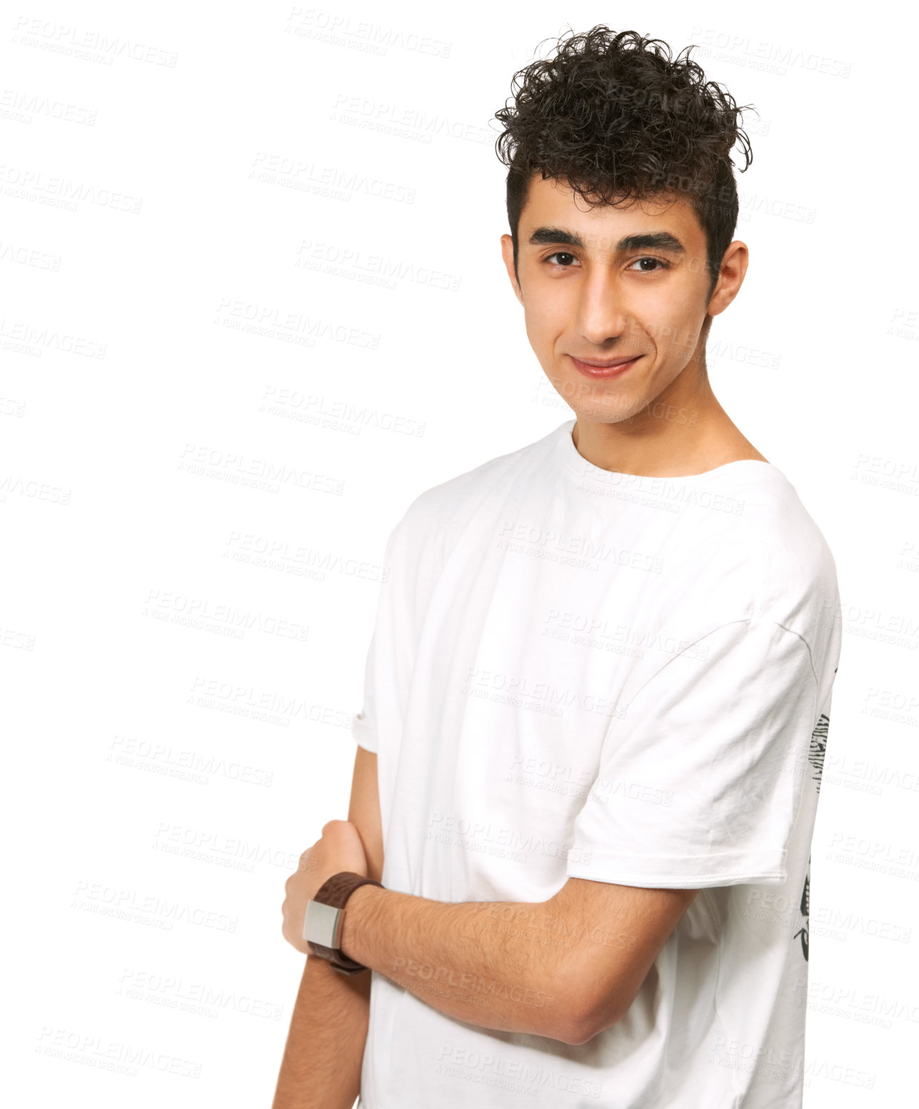 Buy stock photo Fashion, smile and portrait of young man in studio with confidence, attractive and pride on white background. Happy, confident and face of isolated handsome male person with trendy casual clothes