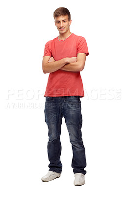 Buy stock photo Fashion, happy and portrait of man in studio with confidence, attractive and crossed arms. Pride, confident and face of isolated handsome young male person with trendy clothes on white background