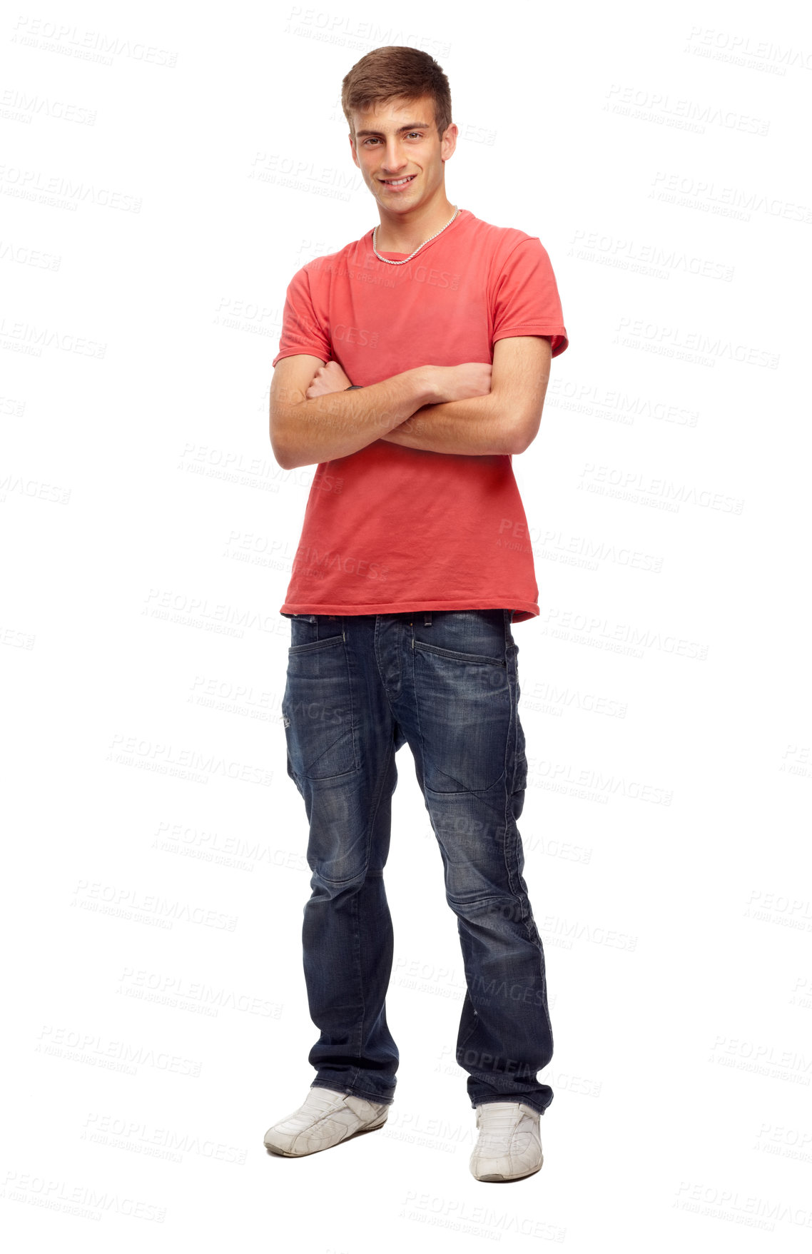 Buy stock photo Fashion, happy and portrait of man in studio with confidence, attractive and crossed arms. Pride, confident and face of isolated handsome young male person with trendy clothes on white background