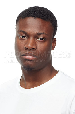 Buy stock photo Portrait, studio and black man with tshirt, serious and closeup on face for clothes. African male person, confident and style for aesthetic of fashion, casual and cool as model in white background