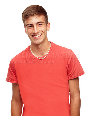 Buy stock photo Fashion, smile and portrait of man in studio with confidence, attractive and pride on white background. Happy, confident and face of isolated handsome young male person with trendy casual clothes